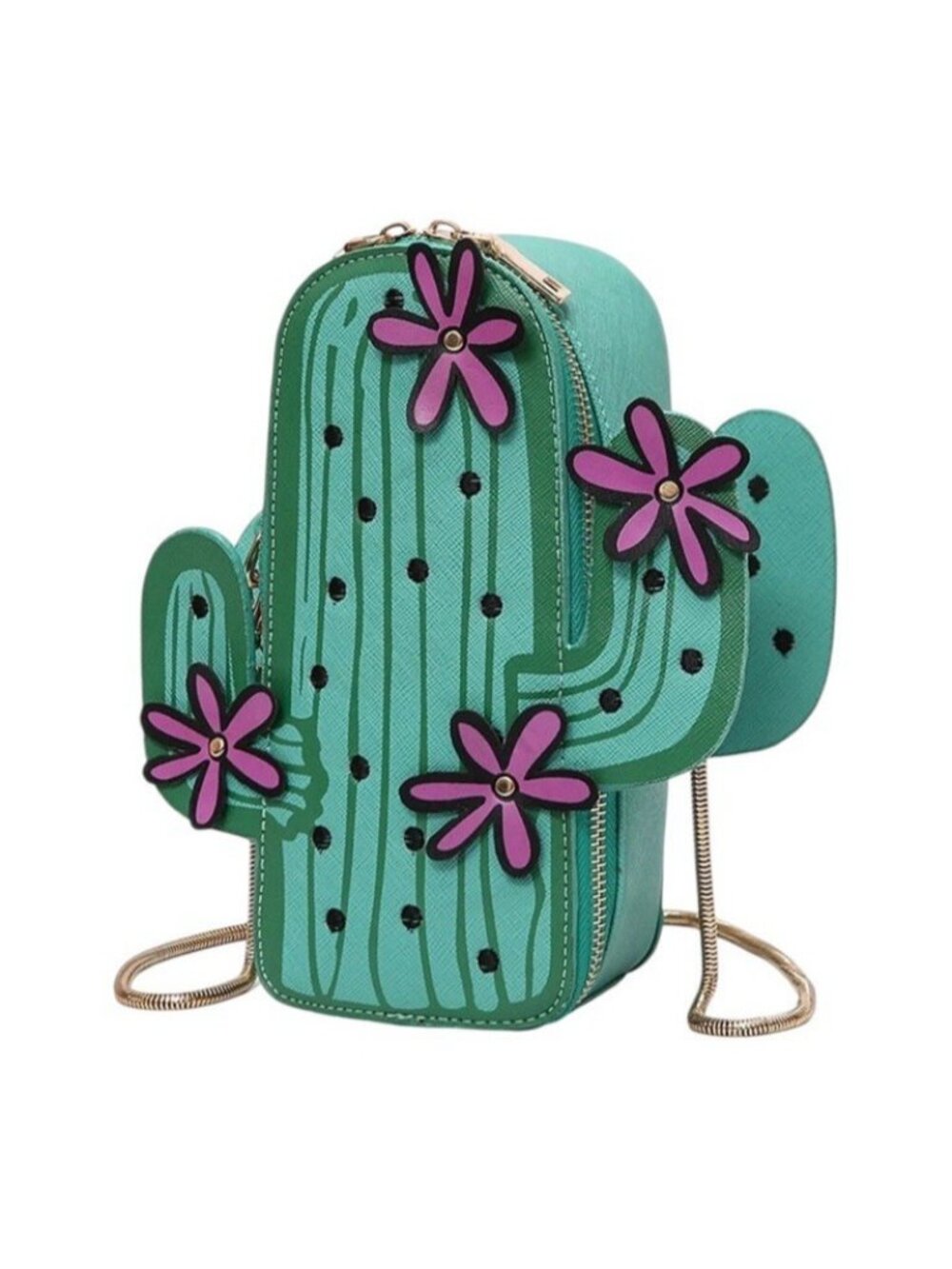 Small Green Figural Saguaro Cactus Shaped Chain Crossbody Bag Flowers New - Picture 2 of 6